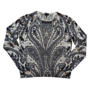 Madison Cashmere Grey Black Paisley Sweater M 100% Cashmere Boho Lightweight